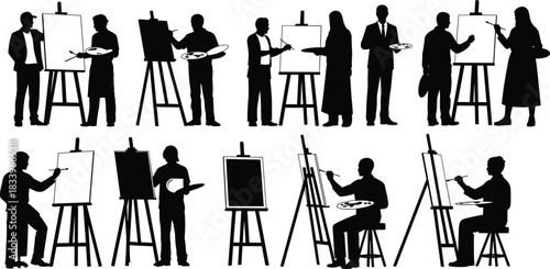 Silhouettes of artists painting on easels, creative art studio teamwork illustration, drawing, design, painter figures working with brushes and palettes
