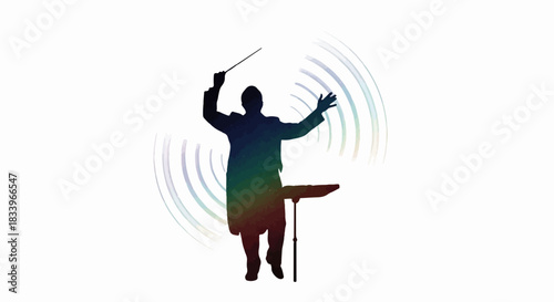 Silhouette of a conductor leading an orchestra with colorful sound waves emanating from their hands.