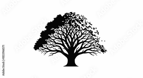 Symbolic tree with half lush foliage and half decaying branches, representing growth and decline.