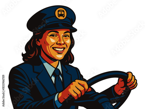 cheerful female bus driver in uniform, confidently holding a steering wheel while wearing a transit cap. Generative ai vector colorful pop art illustration.