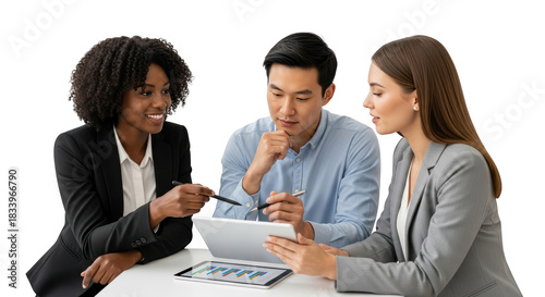 Diverse business team collaborating on digital tablet detailed photography expressing business, meeting, team designed for promotional,