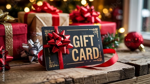 Festive holiday gift card surrounded by beautifully wrapped presents and sparkling christmas tree lights on a rustic wooden surface