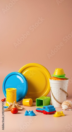Vibrant collection of summer play items awaiting imaginative adventures under the warm sun, fostering creativity and seasonal fun ,sunshine ,warm ,freedom