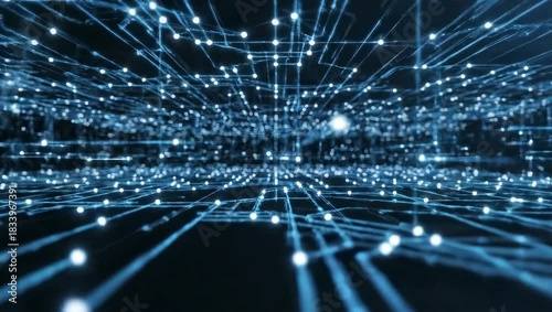 Abstract Digital Network Grid With Glowing Blue Lights And Dark Background