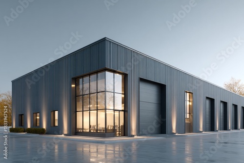 Modern industrial warehouse building illuminated against a twilight sky