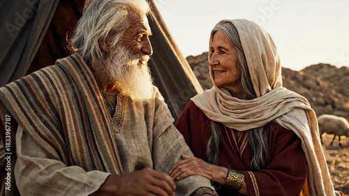 Abraham and Sarah, Elderly Couple in Biblical Times - This video portrays an elderly couple, Abraham and Sarah, in biblical attire, sharing a loving gaze beside their tent.