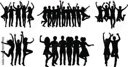 Celebration and jumping silhouette illustration set, group joy and excitement poses, unity and energy concept vector, black and white graphic