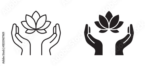Hands with lotus icon set in outline and silhouette style, symbolizing wellness, healing, mindfulness, and holistic care, vector illustration.