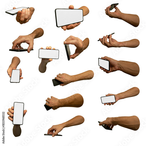 Sharing smartphone blank screen holding it in fingers in different positions and view angles isolated on white