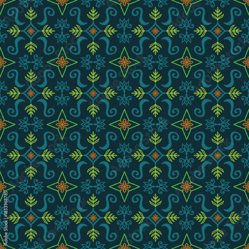 Luxury Forest Green Ikat Vector Seamless Pattern, Traditional Ethnic Diamond and Zigzag Print, Deep Jewel Tones Textile for Vintage Decor