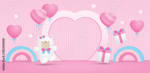 cute kawaii style bear cartoon with heart shape arch backdrop display and balloons and gift box 3d illustration vector scene for putting product or object in valentines day theme