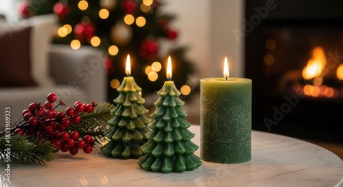 Festive holiday setting with three green burning candles, two tree-shaped, and berries