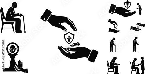 Elderly care and protection silhouette illustration set, healthcare and support icons, aging assistance concept vector, black and white graphic