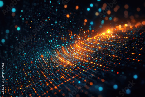 This abstract digital background showcases vibrant orange and blue glowing particles flowing dynamically across a dark space, representing data and technological connectivity.