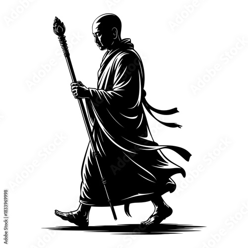 buddhist monk silhouette walking with staff in flowing robe symbolizing peace devotion and spiritual journey