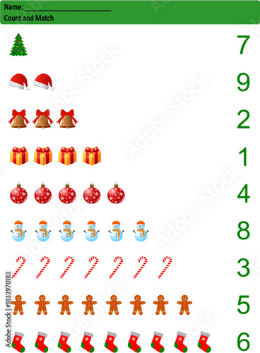 Matching activity for kids in Christmas style. Counting game for preschool education. Math worksheet for children. Educational game. Worksheet for preschool kids, kids activity sheet