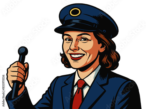 female train conductor in uniform, holding a control lever and smiling confidently. Generative ai vector colorful pop art illustration.