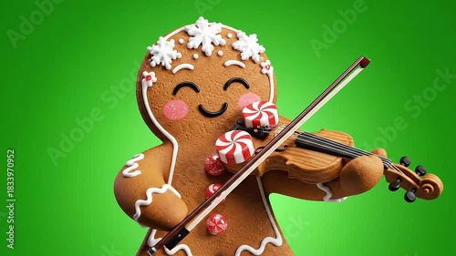 Charming 3D Render Of A Gingerbread Man Character Playing The Violin With A Festive Christmas Melody On A Vibrant Green Screen Background Symbolizing Holiday