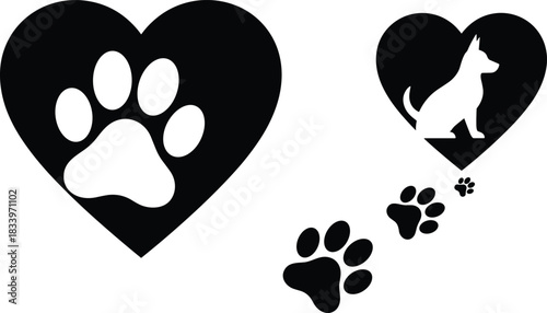 Pet love and paw print heart silhouette illustration, dog affection and movement concept vector, black and white graphic