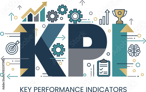 KPI Key Performance Indicator typography design with clean lettering, flat icons, ornaments and data themed elements. Ideal for banner, presentation, analytics concept, strategy and measurement visual