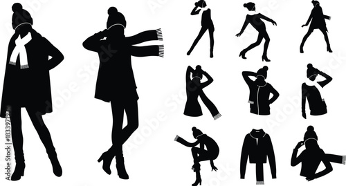 Winter fashion silhouette pose illustration set, coat, scarf, and hat styles, dynamic and casual gesture vector, black and white graphic
