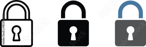 Padlock icon set showing security concept in line silhouette and flat design styles