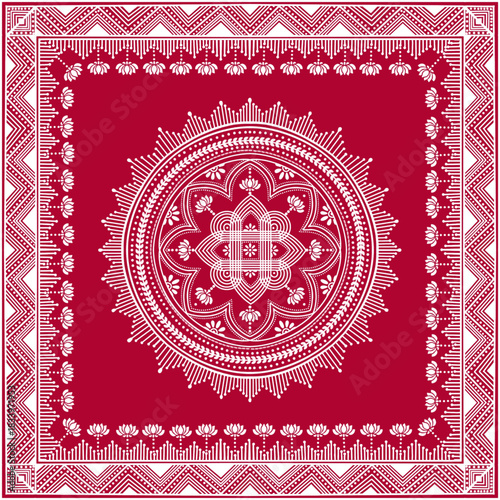 Digital Aipan pattern, the traditional art from Uttarakhand, created with intricate white paste patterns against a red background. Aipan art created for doorsteps, wall panels and Deity Chowki's.