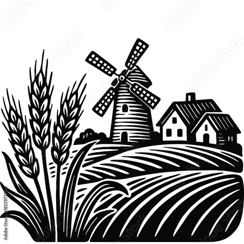 Hand-drawn illustration of windmill, wheat and country house