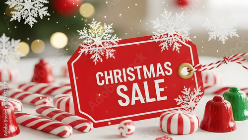 Close-up of Christmas Sale Tag with Candy Canes, Festive Bells, and Bokeh