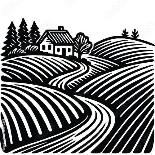 hand-drawn landscape illustration of a house in a rolling field