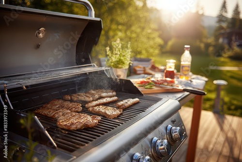 Outdoor propane gas grill scene with sizzling steaks and bratwursts on a stainless grate