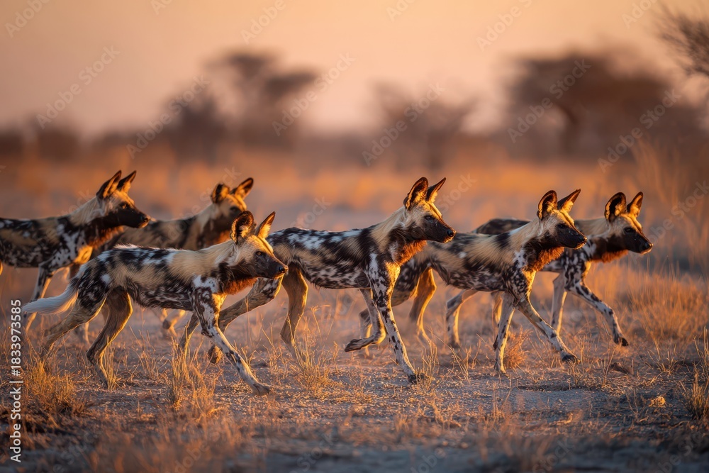Obraz premium Pack of African wild dogs in the Botswana savanna at golden hour