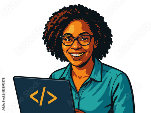 cheerful woman wearing glasses, working on a laptop with a coding symbol, representing tech and programming. Generative ai vector colorful pop art illustration.