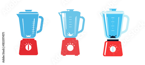 Three different styles of blenders with red bases and blue jugs, presented in a row against a white background.