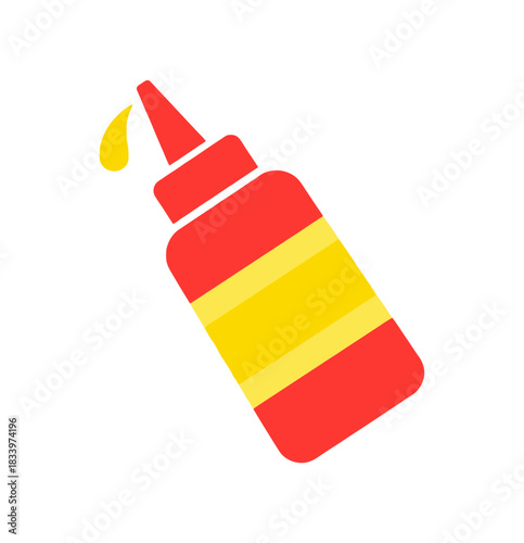 Red squeeze bottle with yellow label and a drop of yellow liquid emerging from the nozzle, depicted in a simple, flat graphic style.