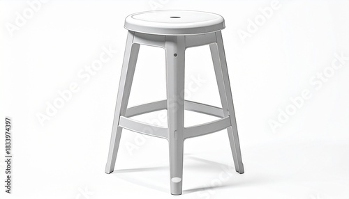 A modern white plastic stool with square seat and central hole, placed on a neutral background.