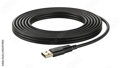 A coiled black hdmi cable with a gold connector isolated on white background