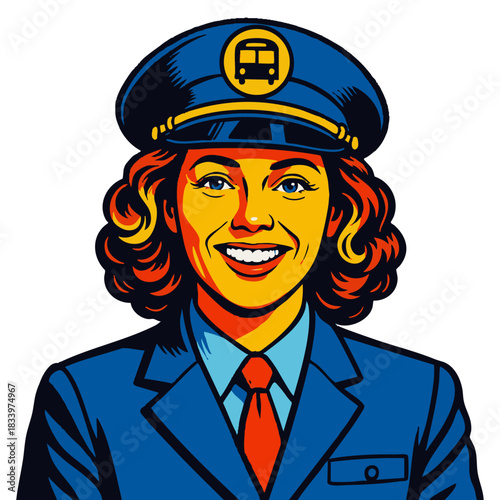 cheerful female bus driver in uniform while wearing a transit cap. Generative ai vector colorful pop art illustration.
