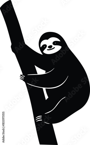 Cute Sloth Climbing Tree Silhouette – Adorable Wildlife Vector Illustration of Sloth on Branch Isolated on Transparent Background