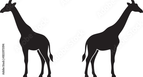 Two Standing Giraffe Black Silhouettes Vector Illustration Set, African Animal Outline, Generative AI Content