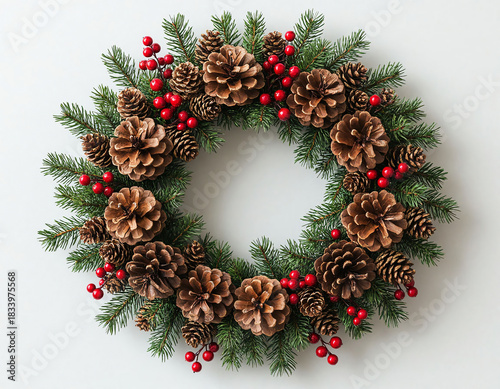 Christmas wreath with red berries and pine cones on a white background