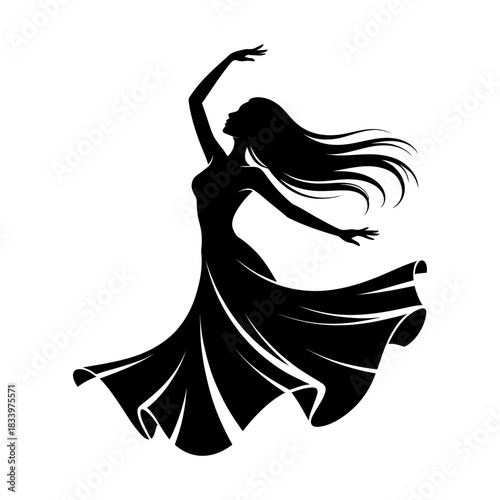 silhouette of graceful woman dancing with flowing dress and extended arms in elegant movement vector art