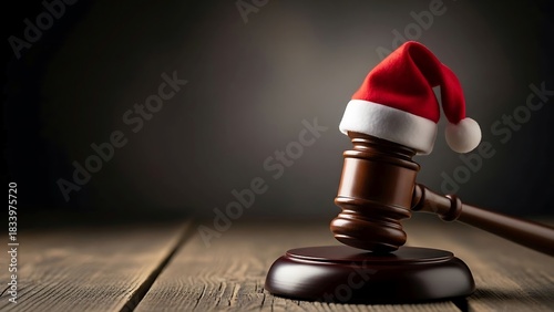 Holiday Justice: Gavel with Santa Hat on Wooden Surface
