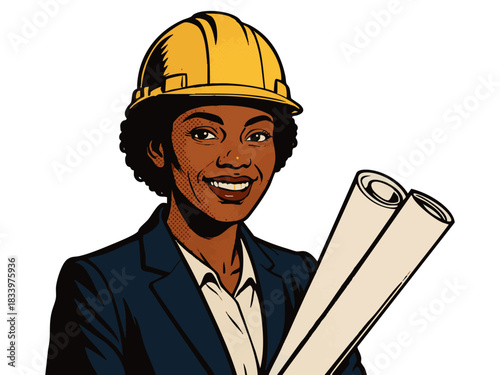 cheerful female construction engineer wearing an orange hard hat, blue jacket, and red tie, ideal for industry visuals. Generative ai vector colorful pop art illustration.