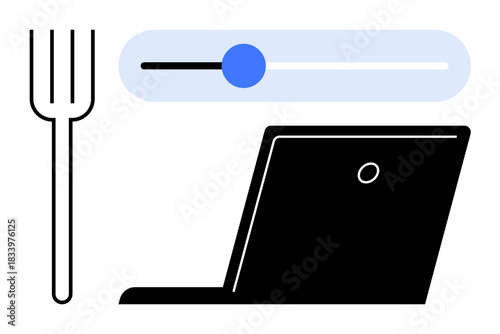 Online ordering, digital dining, food menu selection, cooking, technology, user interaction. Minimal design with a laptop, fork and food slider icon. Online ordering and digital dining concept