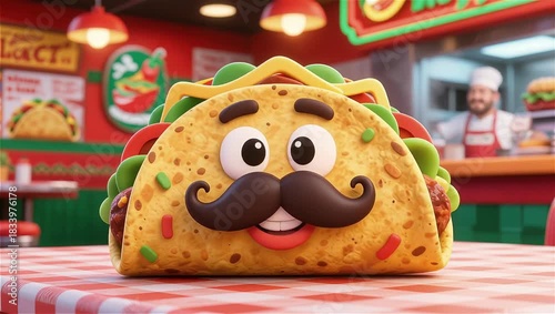 Cute cartoon taco mascot character with happy smiling face and mustache in colorful Mexican fast food restaurant setting with checkered tablecloth