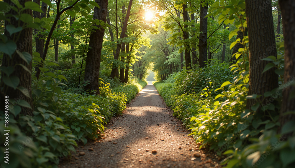 Obraz premium Pathway through green forest in summertime, representing mental wellness