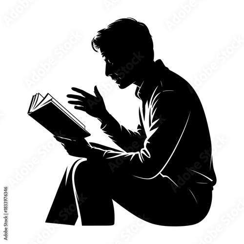 silhouette of person reading book with expressive hand gesture in focused seated pose for education vector art