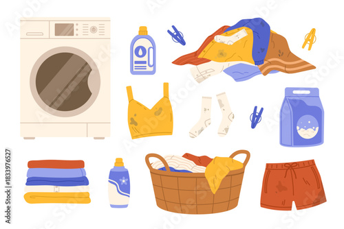 Laundry elements set. Washing machine, laundry basket and detergents. Pile of dirty clothes ans stack of clean clothes. Flat vector isolated illustration