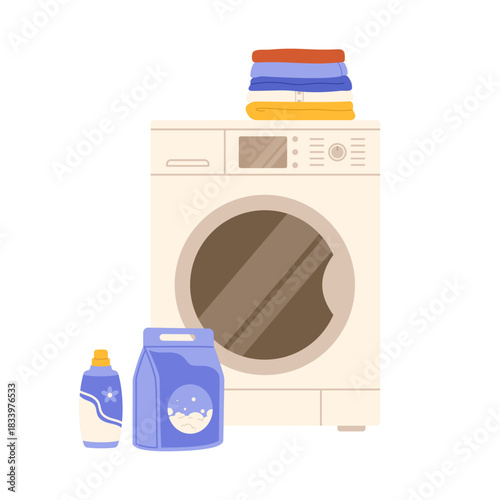 Washing machine and stack of clean colorful clothes. Flat vector isolated illustration